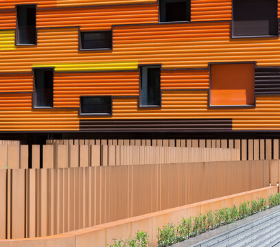Modern architectural facade with colorful elements