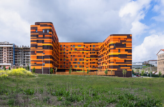 Modern passive house coliving space with vivid facade