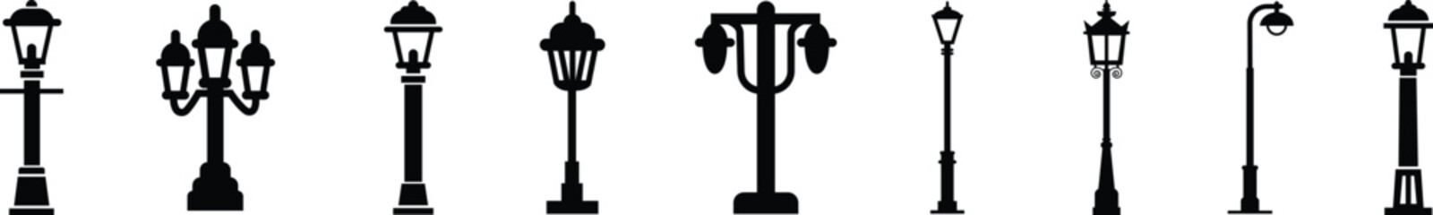 Fototapeta premium Street lamp lantern light icon set collection group in black flat style, vintage streetlight lamppost lighting symbol bundle, urban outdoor illumination graphic pack, classic city light design