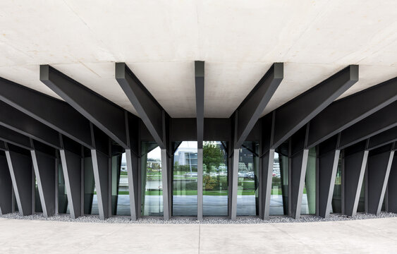 Modern office building facade with structural steel beams