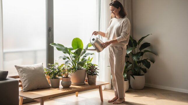 Woman watering indoor plants in bright modern living room at home