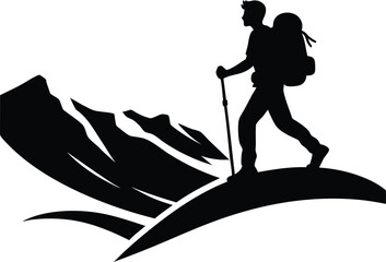 Fototapeta premium Silhouette hiker with backpack and trekking poles on mountain peak adventure travel concept vector illustration