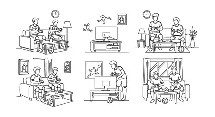 Obraz premium Family activities at home gaming relaxing and playing together illustrated