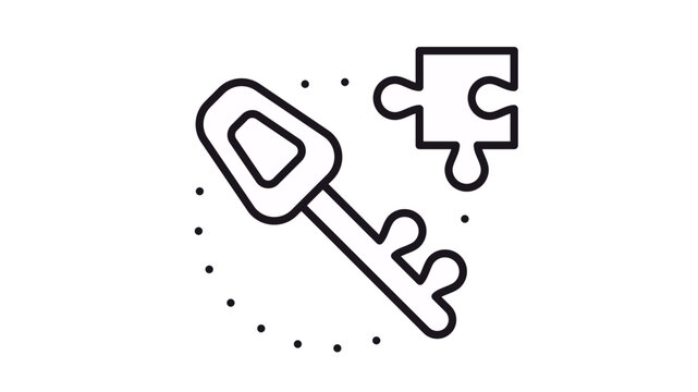 Black line vector icon of a key and a puzzle piece representing a solution or problem solving. Minimalist graphic symbol for business strategy, logic, and unlocking success on white background.