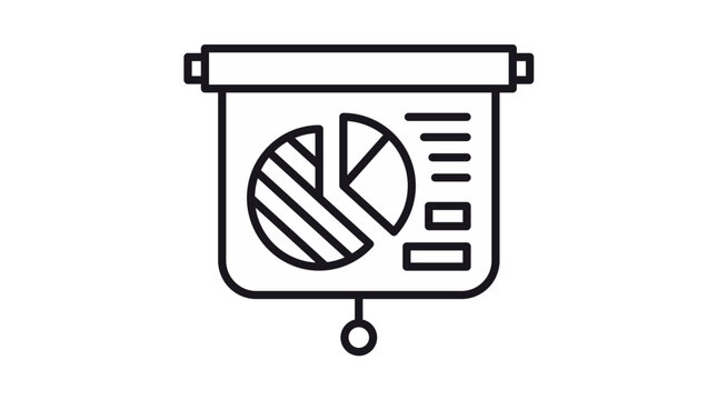 Minimalist black line vector icon illustration of a presentation projector screen displaying a pie chart and data analytics report, symbolizing business strategy, marketing, and statistics.