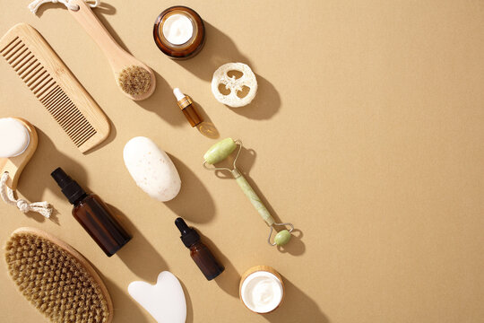 Natural zero waste beauty products on neutral background