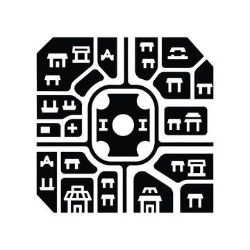 Minimalist black and white map of a shopping mall layout with directional symbols store shops