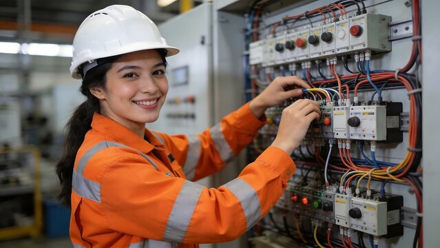 Woman in orange uniform working on electrical panel