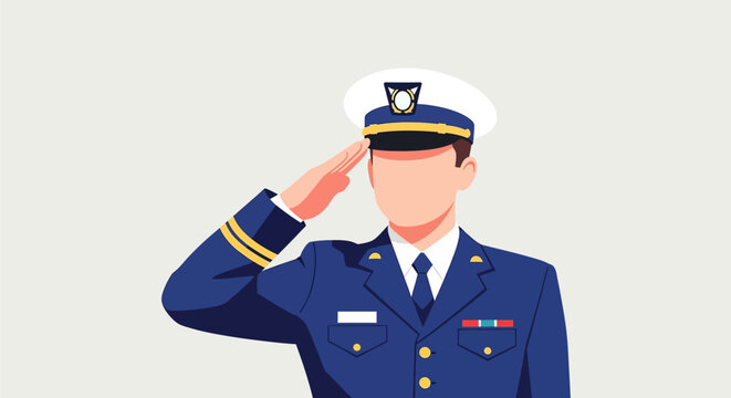 Saluting military officer in formal blue uniform.