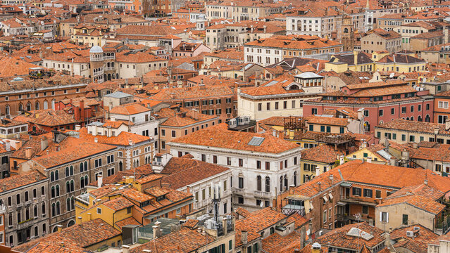 Aerial view of Venice rooftops and historic cityscape, Italy