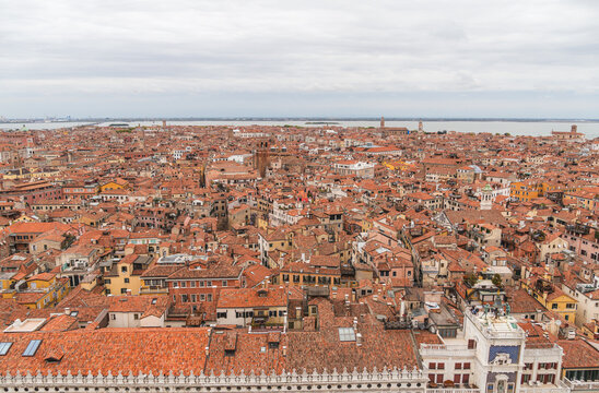 Panoramic rooftop view over Venice, Italy historic center