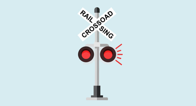 Railroad crossing signal with red lights.