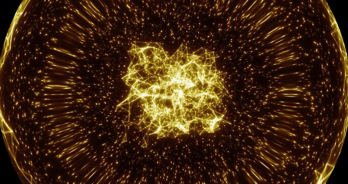Seamless loop. An abstract luminous sphere demonstrates the dynamic motion of particles moving in a circle. The internal structure of many intertwining lines and dots alternately disintegrates and ref