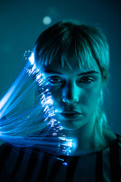 Young woman in a futuristic metaverse setting