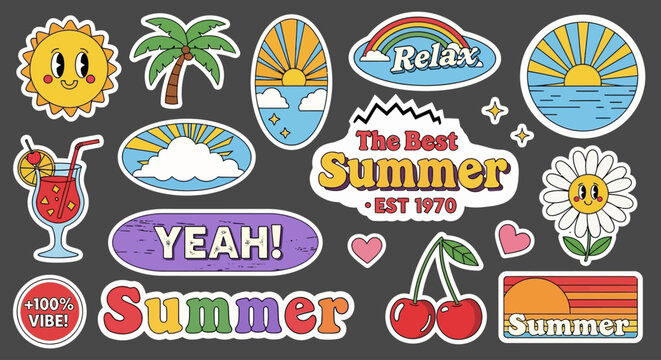 A vibrant sticker sheet featuring summer-themed icons and phrases on a dark background with palm tree, smiley faces, and colorful designs.
