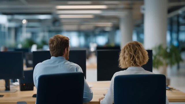 A candid wide shot of a nearly empty office floor on a Monday morning, only two people at their desks amid rows of dark monitors, ideal for workforce absence, quiet quitting cultur_3
