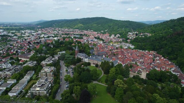 Aerial view around the city Weinheim in Germany. On sunny day in spring