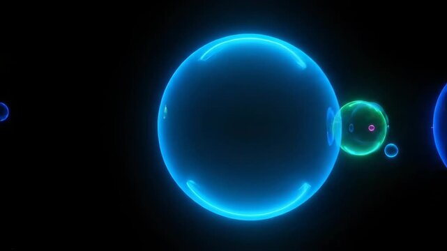 Glowing orbs of blue and green float in a dark, empty space