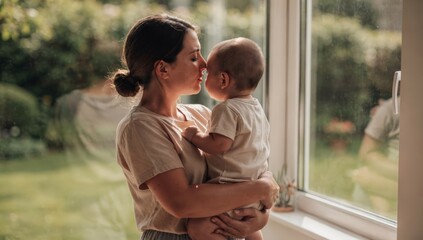 Fototapeta premium A heartwarming scene of a mother and her baby sharing a tender moment by the window, with a beautiful garden in the background.