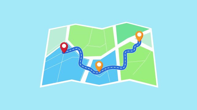 Animated video of a folded map showing route navigation with GPS path and location pins. Represents delivery tracking, logistics routes, and real time navigation system.