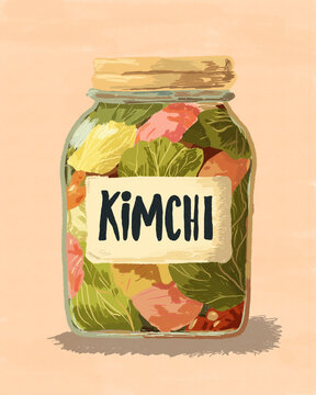 Illustrated kimchi jar, fermented probiotic food for gut health