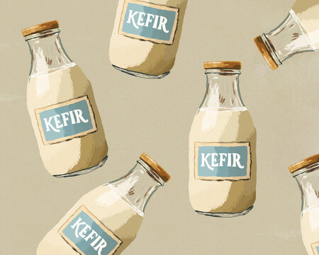 Illustrated kefir bottles pattern for probiotic gut health