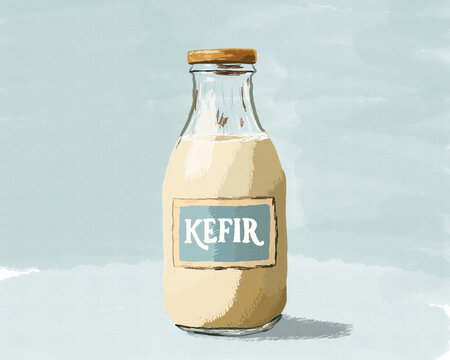 Illustrated kefir bottle for probiotic gut health concept