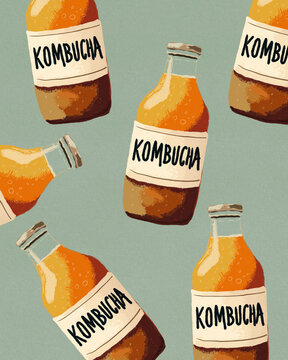 Illustration of kombucha bottles for probiotic gut health