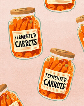 Illustrated jars of fermented carrot probiotic food pattern