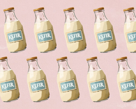 Illustrated kefir bottles pattern for probiotic gut health