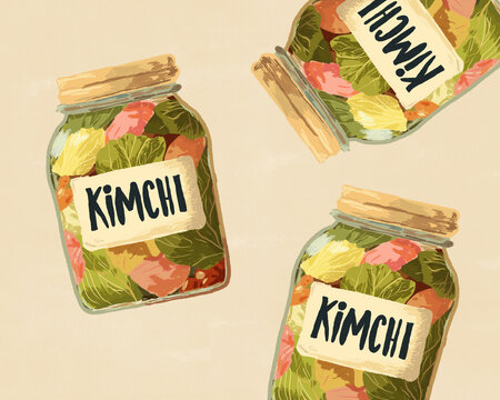 Illustration of kimchi jars promoting probiotic gut health