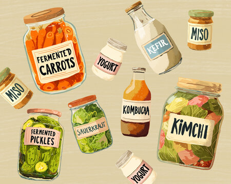 Illustrated probiotic fermented foods for gut health