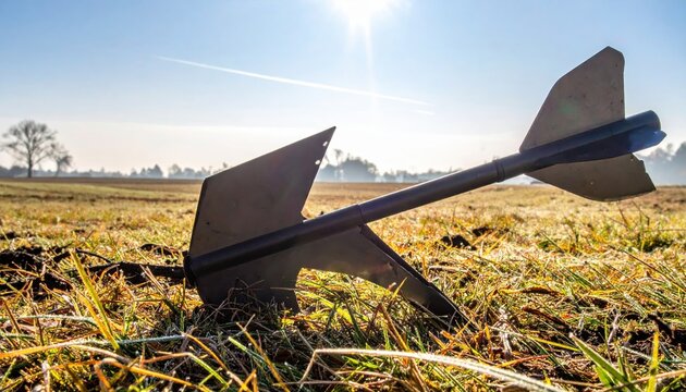 A jagged piece of shrapnel with an aerodynamic form rests on a bed of dried grass under a bright sunlit sky