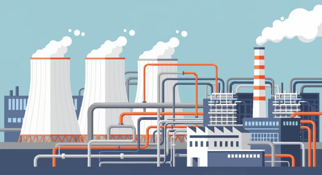 Illustration of a Nuclear Power Plant with Cooling Towers and Smoke Stack.