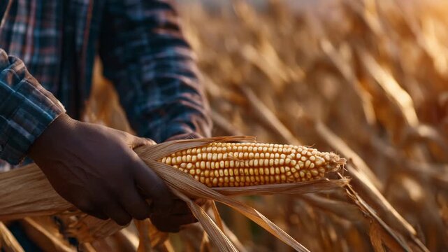 Farmer twisting a ripe maize cob free from a dry stalk with sturdy gloved hands, warm sunlight shining across the textured field, tall corn plants rustling in the breeze, earthy to