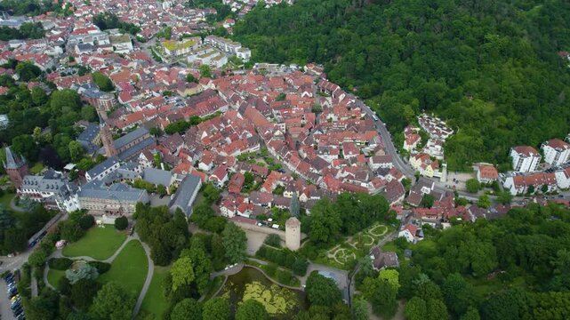 Aerial view around the city Weinheim in Germany. On cloudy day in spring 