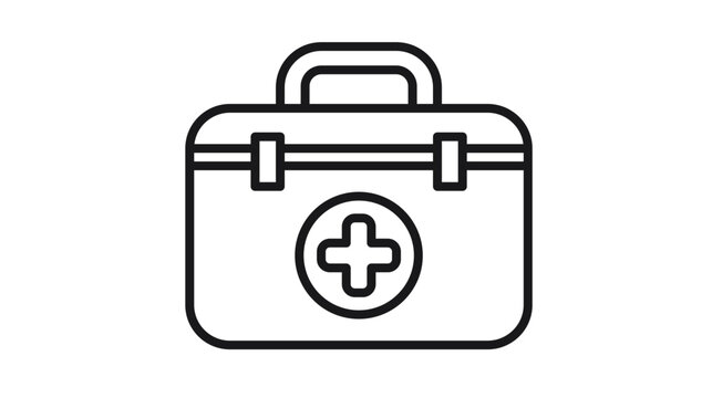 First aid kit vector icon, minimalist black line illustration of a medical emergency bag with cross symbol and handle, ideal for healthcare, safety, first responder, and medicine graphics.