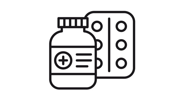 Minimalist black vector icon illustration of a pharmaceutical medicine bottle and a blister pack of pills, representing healthcare, medical treatment, pharmacy, and prescription drugs.