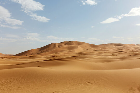 Golden sand dunes and desert horizon in Morocco