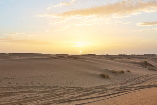 Sunrise over Morocco Sahara desert sand dunes landscape