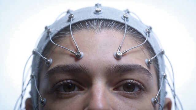 Closeup of person wearing brain monitoring cap