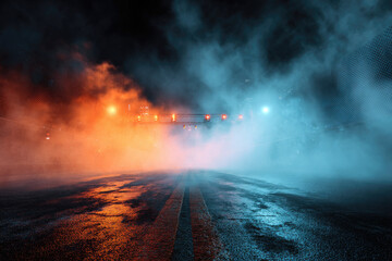 Obraz premium Wet road and smoke abstract background empty scene with asphalt texture and spotlight. Horror highway surface with smog and neon light. Danger scary banner bg. Mysterious escape stage at night 