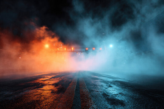 Wet road and smoke abstract background empty scene with asphalt texture and spotlight. Horror highway surface with smog and neon light. Danger scary banner bg. Mysterious escape stage at night 