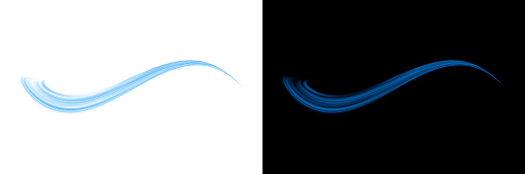 Blue energy light trail motion effect with transparent background and black surface visual element for dynamic graphic design and digital art work