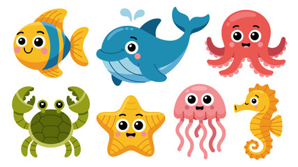 Fototapeta premium Cute Sea Animals Cartoon Vector Set Adorable Ocean Creatures Collection