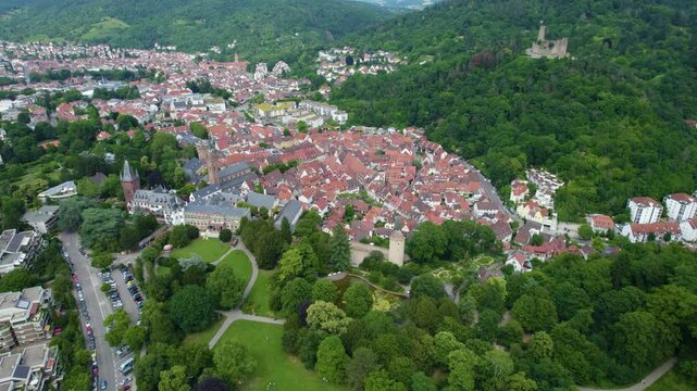 Aerial view around the city Weinheim in Germany. On cloudy day in spring 