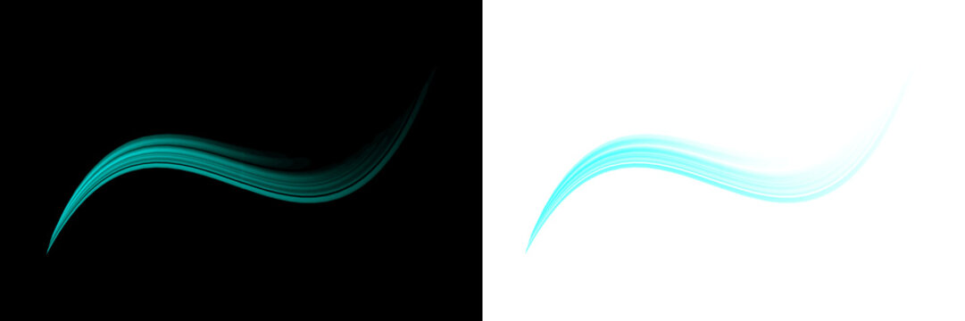 Cyan light trail effect with glowing motion blur isolated on transparent background for digital art graphic design projects and neon style concept