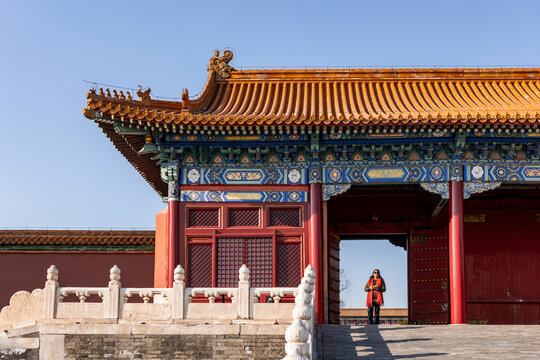 Traditional architecture in Beijing, China with visitor