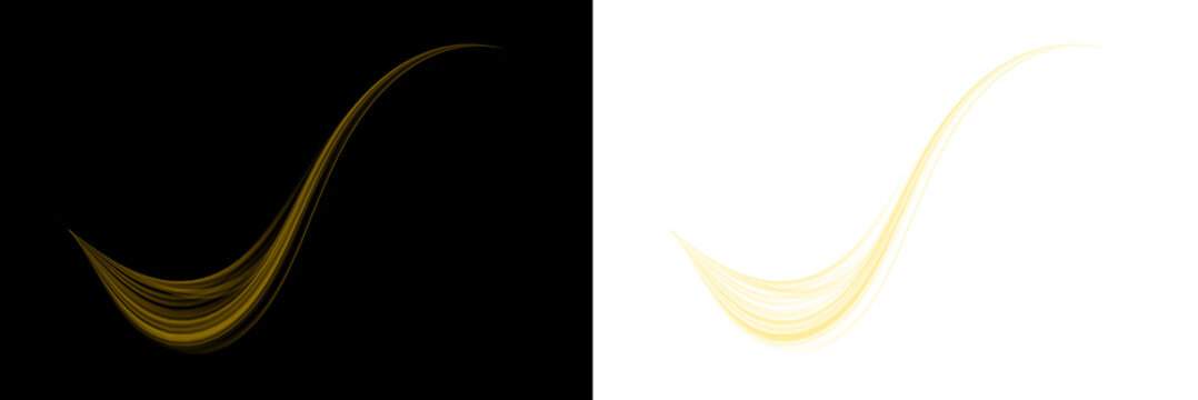 Abstract golden light trails creating elegant checkmark motion effect on both isolated black background and transparent png