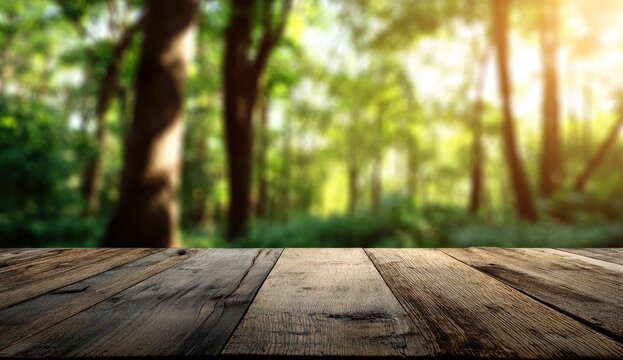A blurred forest background complements a rustic wooden tabletop, creating a serene and inviting scene.